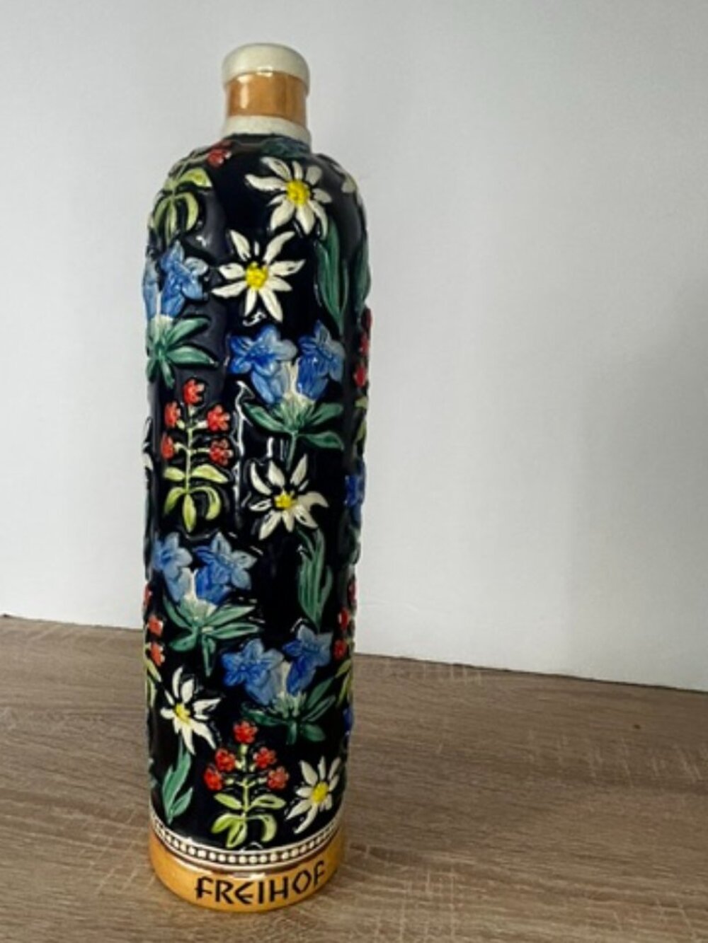 Freihof Hand‑Decorated Ceramic Floral Bottle – Vintage Austrian Decanter